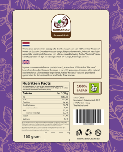Raw cacao paste chunks ceremonial grade - 150 gram  - 2